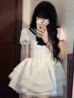 Sweet Sailor Lolita Dress Polyester Short Sleeves Bows Navy Style Dress -AYA Cosplay Shop 202206061339595482656