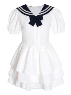 Sweet Sailor Lolita Dress Polyester Short Sleeves Bows Navy Style Dress -AYA Cosplay Shop 202206061339598778003