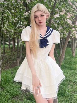 Sweet Sailor Lolita Dress Polyester Short Sleeves Bows Navy Style Dress -AYA Cosplay Shop 20220606134047693391