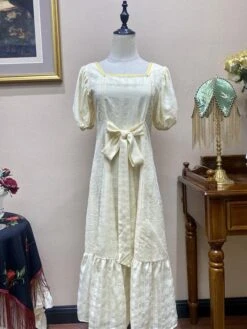 Beige Retro Empire Waist Dress Bridgerton Costumes Polyester Dress Women Vintage Marie Antoinette Costume Tunic Party Prom Dress