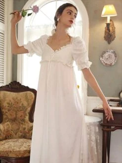 White Retro Empire Waist Dress Bridgerton Costumes Women Marie Antoinette Costume Polyester Shift Dress Vintage Vintage Clothing