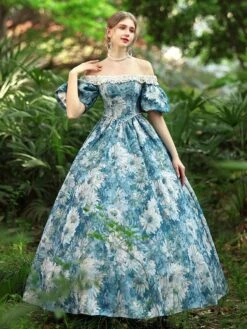 Light Sky Blue Retro Costumes Women's Floral Print Polyester Dress Gothic Marie Antoinette Costume 18th Century Costume -AYA Cosplay Shop 202206181635010374642