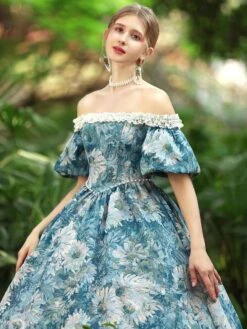 Light Sky Blue Retro Costumes Women's Floral Print Polyester Dress Gothic Marie Antoinette Costume 18th Century Costume -AYA Cosplay Shop 202206181635014054544