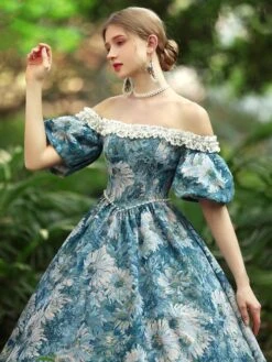 Light Sky Blue Retro Costumes Women's Floral Print Polyester Dress Gothic Marie Antoinette Costume 18th Century Costume -AYA Cosplay Shop 202206181635025988894