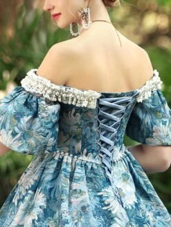 Light Sky Blue Retro Costumes Women's Floral Print Polyester Dress Gothic Marie Antoinette Costume 18th Century Costume -AYA Cosplay Shop 202206181635056474959