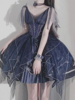 Lolita Dresses Tea Party Style Lolita Skirt Chains Sleeveless Polyester Lolita Wedding Dress Polka Dot Deep Blue