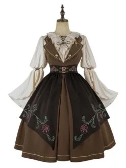 Classical Lolita Dress Polyester 3/4 Length Sleeves Floral Print Lolita Dresses Academic Coffee Brown -AYA Cosplay Shop 202208021121205838421