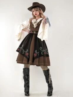 Classical Lolita Dress Polyester 3/4 Length Sleeves Floral Print Lolita Dresses Academic Coffee Brown -AYA Cosplay Shop 202208021121224851974