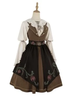 Classical Lolita Dress Polyester 3/4 Length Sleeves Floral Print Lolita Dresses Academic Coffee Brown -AYA Cosplay Shop 202208021121242339826