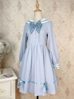 Sweet Sailor Lolita Dress Polyester Long Sleeves Bows Navy Style Dress Lolita Dress -AYA Cosplay Shop 202208221618305614275