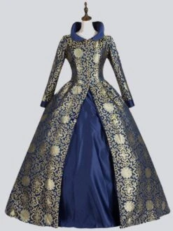 Blue Retro Costumes Polyester Floral Print Dress Women's Marie Antoinette Costume Retro Tunic Vintage Clothing