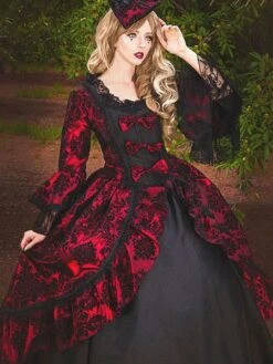 Burgundy Retro Costumes Women's Lace Ruffles Polyester Tunic Dress Retro Marie Antoinette Costume Party Prom Dress -AYA Cosplay Shop 20220825173640453545
