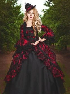 Burgundy Retro Costumes Women's Lace Ruffles Polyester Tunic Dress Retro Marie Antoinette Costume Party Prom Dress -AYA Cosplay Shop 202208251736407763747