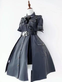 Military Style Uniform Lolita Army Short Sleeves Gray Black Lolita Dress -AYA Cosplay Shop 202209101612028055822