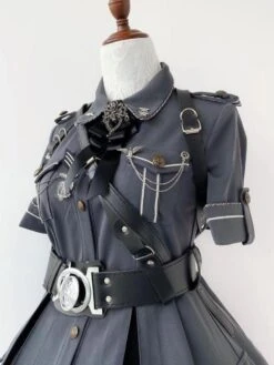 Military Style Uniform Lolita Army Short Sleeves Gray Black Lolita Dress -AYA Cosplay Shop 202209101612031083648