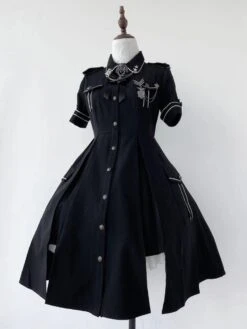 Military Style Uniform Lolita Army Short Sleeves Gray Black Lolita Dress -AYA Cosplay Shop 202209101612034315346