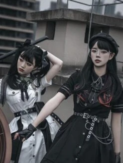 Military Style Uniform Lolita Army Short Sleeves Gray Black Lolita Dress -AYA Cosplay Shop 202209101612040356343