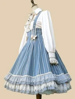 Classical Lolita Dress Cotton Bows Sleeveless Lolita Dresses Stripes Light Sky Blue -AYA Cosplay Shop 202209211835432697053