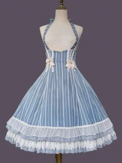 Classical Lolita Dress Cotton Bows Sleeveless Lolita Dresses Stripes Light Sky Blue -AYA Cosplay Shop 202209211835439299768