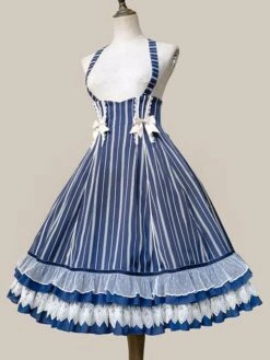 Classical Lolita Dress Cotton Bows Sleeveless Lolita Dresses Stripes Light Sky Blue -AYA Cosplay Shop 202209211835445548128