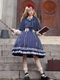 Classical Lolita Dress Cotton Bows Sleeveless Lolita Dresses Stripes Light Sky Blue -AYA Cosplay Shop 202209211835448786450