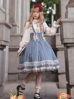 Classical Lolita Dress Cotton Bows Sleeveless Lolita Dresses Stripes Light Sky Blue -AYA Cosplay Shop 202209211835451899297