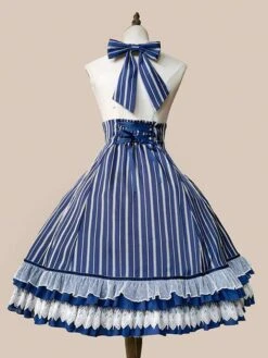Classical Lolita Dress Cotton Bows Sleeveless Lolita Dresses Stripes Light Sky Blue -AYA Cosplay Shop 202209211835458443272