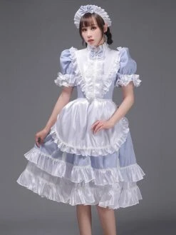 Light Sky Blue Retro Costumes Women's Ruffles Polyester Tunic Dress Headwear Vintage Marie Antoinette Costume 18th Century Costume