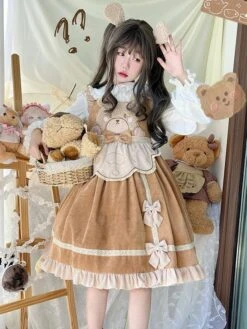 Sweet Lolita Dress Corduroy Sleeveless Ruffles Jumper Skirt Dress -AYA Cosplay Shop 202211171803014534143
