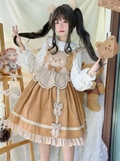 Sweet Lolita Dress Corduroy Sleeveless Ruffles Jumper Skirt Dress -AYA Cosplay Shop 202211171803017665528
