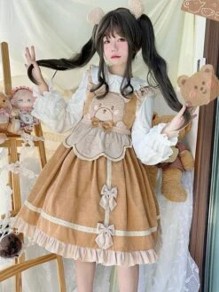 Sweet Lolita Dress Corduroy Sleeveless Ruffles Jumper Skirt Dress -AYA Cosplay Shop 202211171803021064752