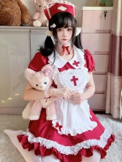 Sweet Lolita Dress Polyester Short Sleeves Ruffles Sweet Christmas Lolita Dress