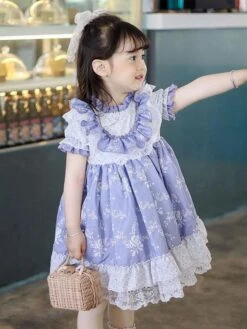 Polyester Daily Casual Lace Short Sleeves Cotton Spring Dress Floral Print ROCOCO Style Purple Kids' Lolita Dresses -AYA Cosplay Shop 20230303113056912618