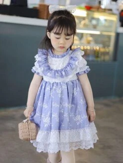 Polyester Daily Casual Lace Short Sleeves Cotton Spring Dress Floral Print ROCOCO Style Purple Kids' Lolita Dresses -AYA Cosplay Shop 202303031130575148211