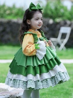 Polyester Tea Party Bows Long Sleeves Cotton Fall Dress ROCOCO Style Green Kids' Lolita Dresses -AYA Cosplay Shop 202303031130592013011