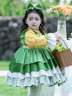 Polyester Tea Party Bows Long Sleeves Cotton Fall Dress ROCOCO Style Green Kids' Lolita Dresses -AYA Cosplay Shop 202303031130597148965