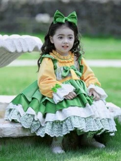 Polyester Tea Party Bows Long Sleeves Cotton Fall Dress ROCOCO Style Green Kids' Lolita Dresses -AYA Cosplay Shop 202303031131018832717