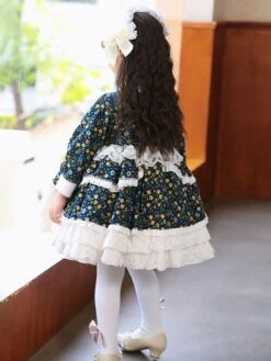 Polyester Daily Casual Ruffles Long Sleeves Cotton Fall Dress Floral Print Sweet Blue Kids' Lolita Dresses -AYA Cosplay Shop 202303031131073068645