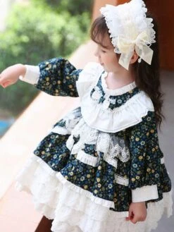Polyester Daily Casual Ruffles Long Sleeves Cotton Fall Dress Floral Print Sweet Blue Kids' Lolita Dresses -AYA Cosplay Shop 202303031131076147621