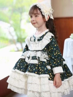 Polyester Daily Casual Ruffles Long Sleeves Cotton Fall Dress Floral Print Sweet Blue Kids' Lolita Dresses -AYA Cosplay Shop 202303031131079303273