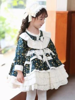 Polyester Daily Casual Ruffles Long Sleeves Cotton Fall Dress Floral Print Sweet Blue Kids' Lolita Dresses -AYA Cosplay Shop 202303031131082245095