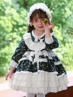 Polyester Daily Casual Ruffles Long Sleeves Cotton Fall Dress Floral Print Sweet Blue Kids' Lolita Dresses -AYA Cosplay Shop 202303031131085412018