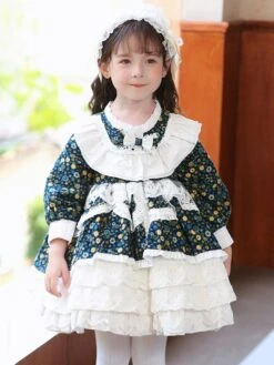 Polyester Daily Casual Ruffles Long Sleeves Cotton Fall Dress Floral Print Sweet Blue Kids' Lolita Dresses -AYA Cosplay Shop 202303031131088562555
