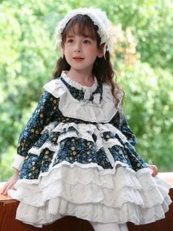 Polyester Daily Casual Ruffles Long Sleeves Cotton Fall Dress Floral Print Sweet Blue Kids' Lolita Dresses -AYA Cosplay Shop 202303031131091605496