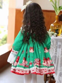 Polyester Daily Casual Bows Long Sleeves Polyester Spring Dress Floral Print ROCOCO Style Green Kids' Lolita Dresses -AYA Cosplay Shop 202303031131104239156
