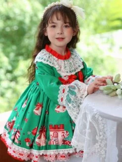 Polyester Daily Casual Bows Long Sleeves Polyester Spring Dress Floral Print ROCOCO Style Green Kids' Lolita Dresses -AYA Cosplay Shop 202303031131110293854