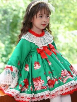 Polyester Daily Casual Bows Long Sleeves Polyester Spring Dress Floral Print ROCOCO Style Green Kids' Lolita Dresses -AYA Cosplay Shop 20230303113111330554