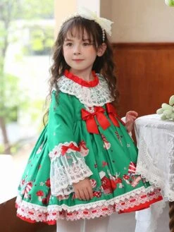 Polyester Daily Casual Bows Long Sleeves Polyester Spring Dress Floral Print ROCOCO Style Green Kids' Lolita Dresses -AYA Cosplay Shop 202303031131120096311