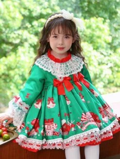 Polyester Daily Casual Bows Long Sleeves Polyester Spring Dress Floral Print ROCOCO Style Green Kids' Lolita Dresses