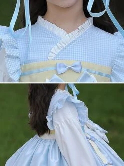 Polyester Daily Casual Bows Long Sleeves Cotton Fall Dress Plaid Chinese Style Light Sky Blue Kids' Lolita Dresses -AYA Cosplay Shop 202303031131222243533